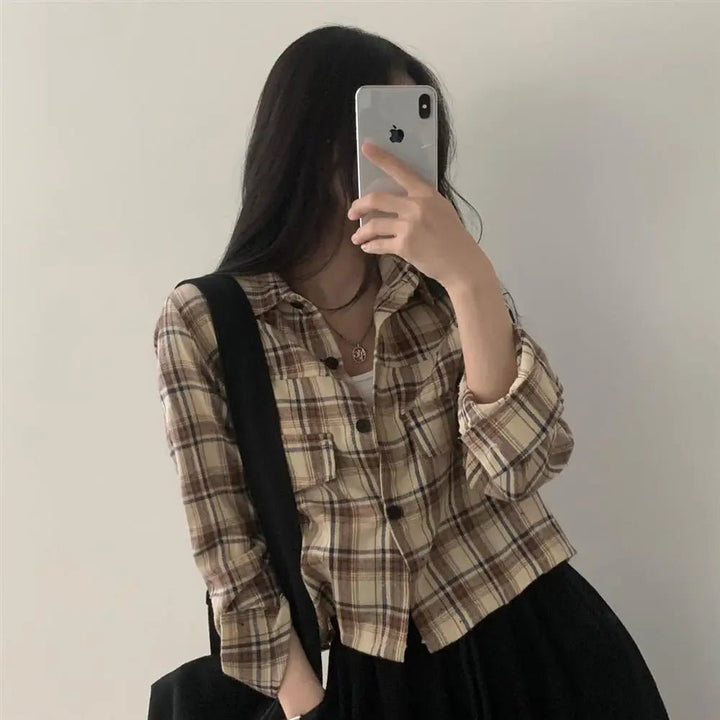 Retro Plaid Shirt – Lapel Long Sleeve Short Top for Women - VeauBeauty