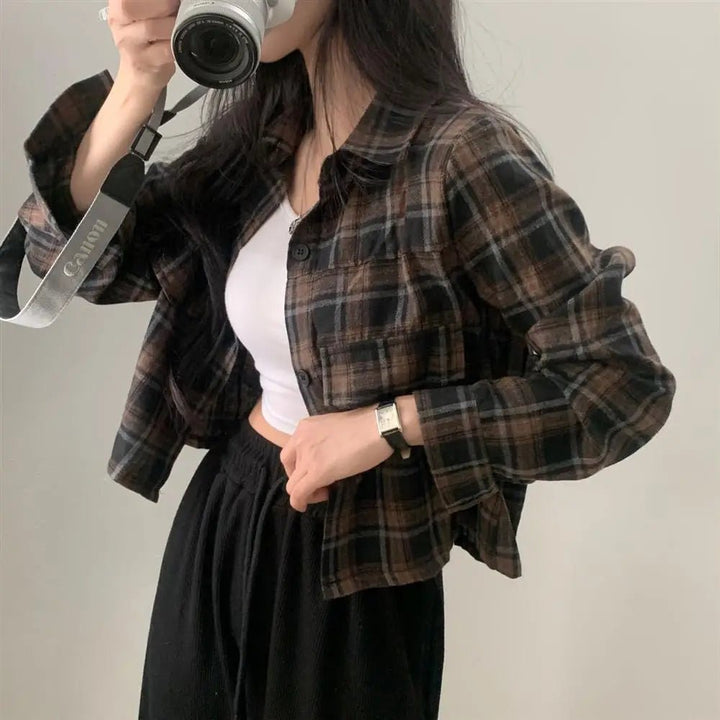 Retro Plaid Shirt – Lapel Long Sleeve Short Top for Women - VeauBeauty