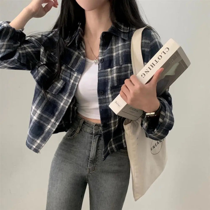 Retro Plaid Shirt – Lapel Long Sleeve Short Top for Women - VeauBeauty