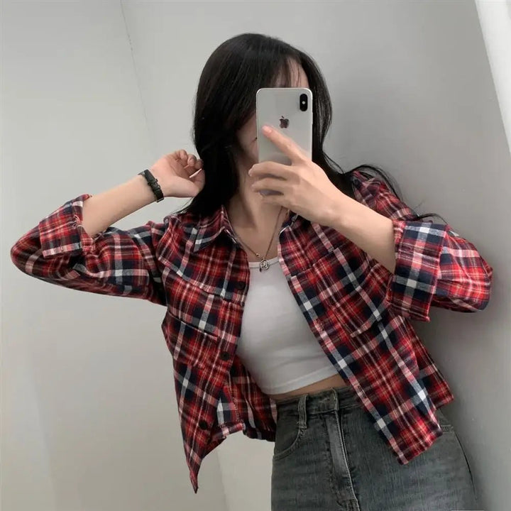 Retro Plaid Shirt – Lapel Long Sleeve Short Top for Women - VeauBeauty