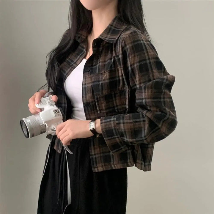Retro Plaid Shirt – Lapel Long Sleeve Short Top for Women - VeauBeauty