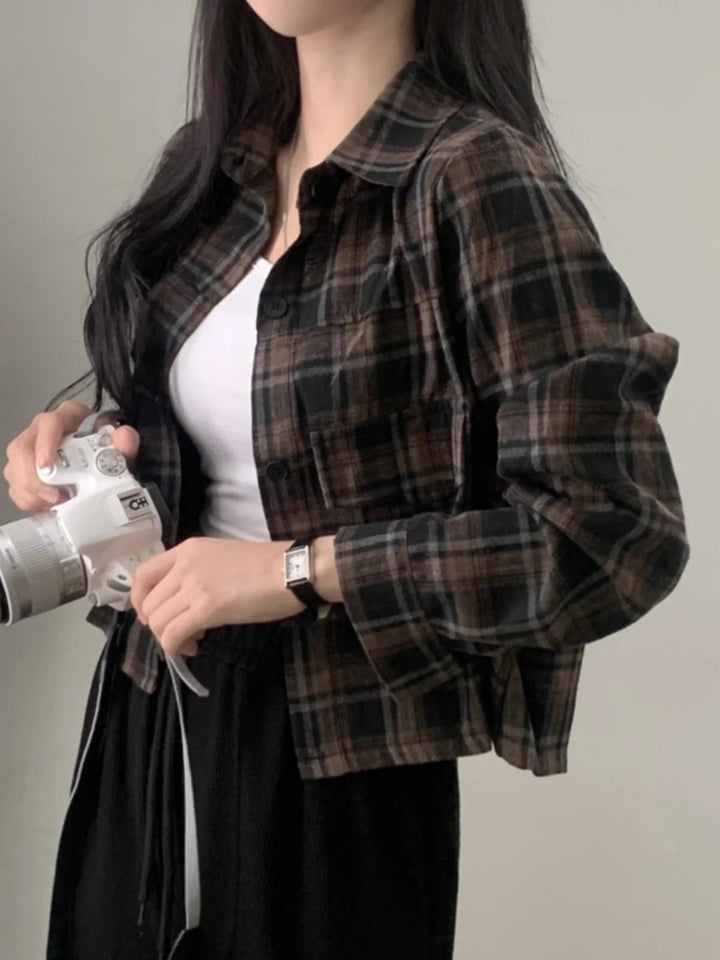 Retro Plaid Shirt – Lapel Long Sleeve Short Top for Women - VeauBeauty