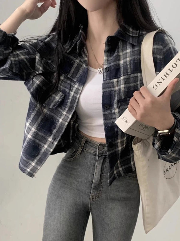 Retro Plaid Shirt – Lapel Long Sleeve Short Top for Women - VeauBeauty
