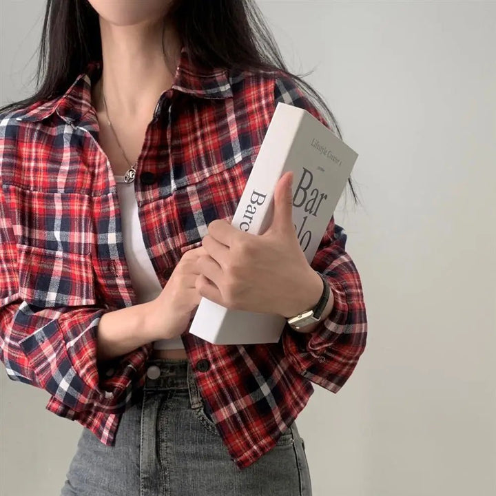 Retro Plaid Shirt – Lapel Long Sleeve Short Top for Women - VeauBeauty