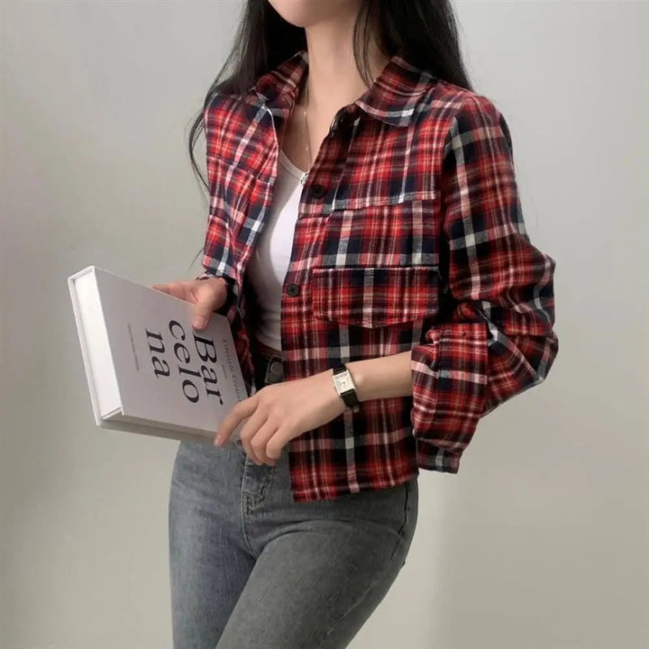 Retro Plaid Shirt – Lapel Long Sleeve Short Top for Women - VeauBeauty