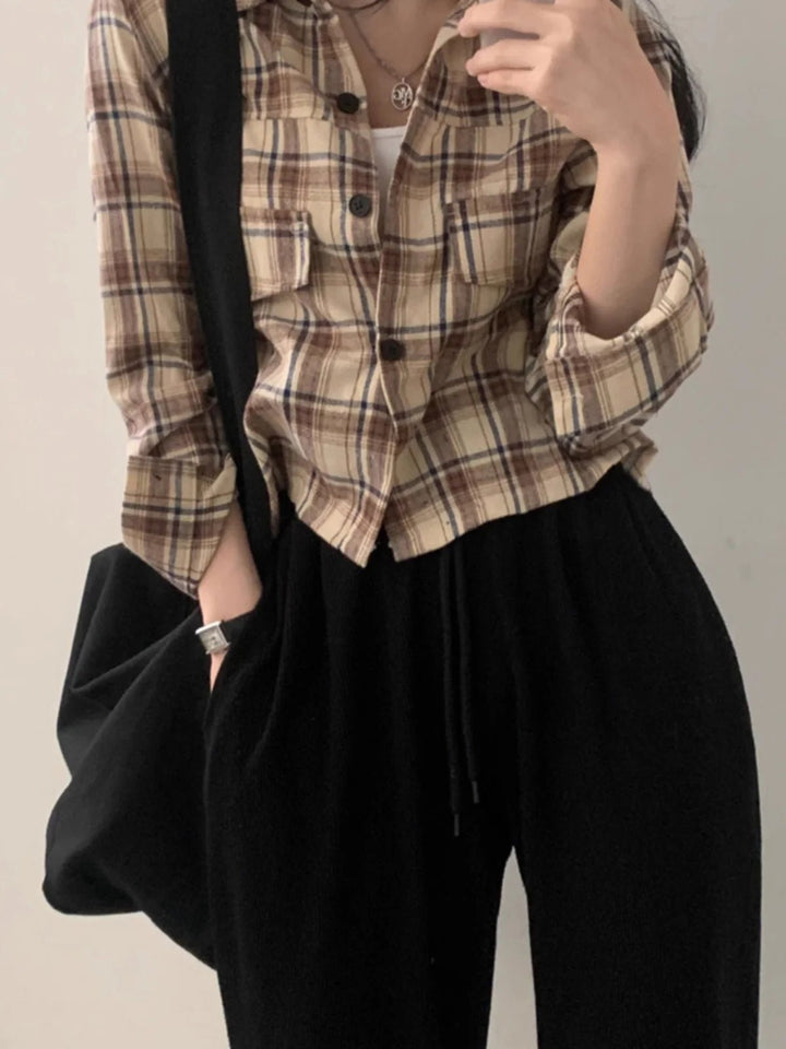 Retro Plaid Shirt – Lapel Long Sleeve Short Top for Women - VeauBeauty
