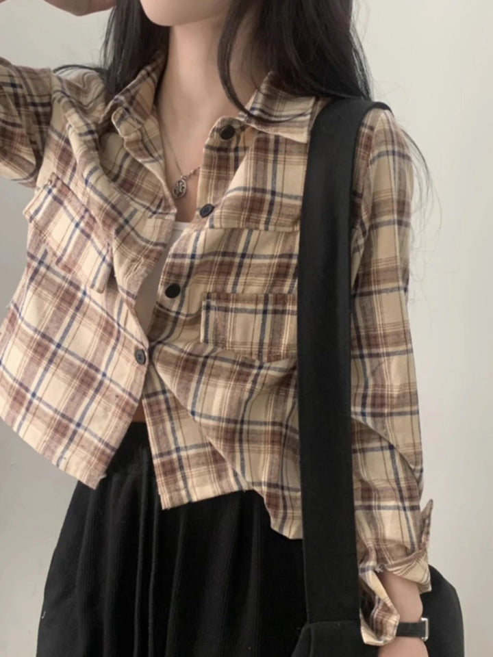 Retro Plaid Shirt – Lapel Long Sleeve Short Top for Women - VeauBeauty