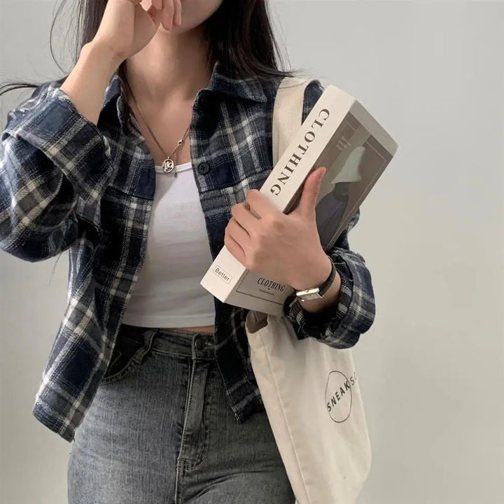 Retro Plaid Shirt – Lapel Long Sleeve Short Top for Women - VeauBeauty
