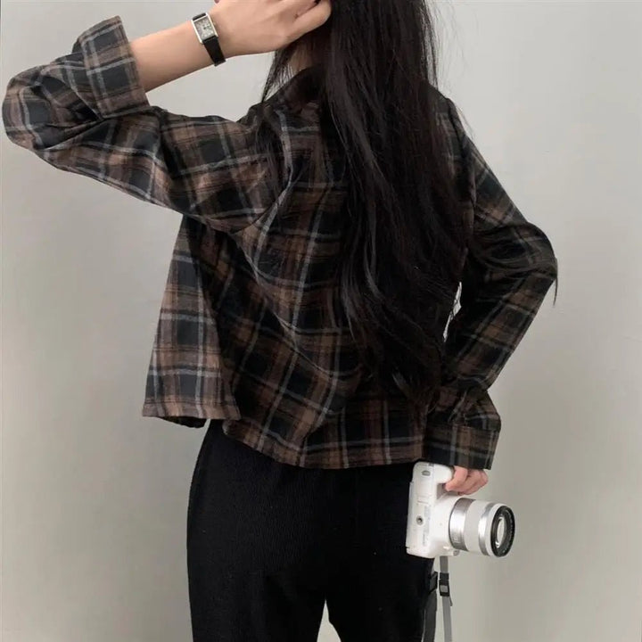 Retro Plaid Shirt – Lapel Long Sleeve Short Top for Women - VeauBeauty