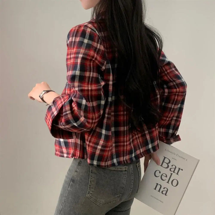Retro Plaid Shirt – Lapel Long Sleeve Short Top for Women - VeauBeauty