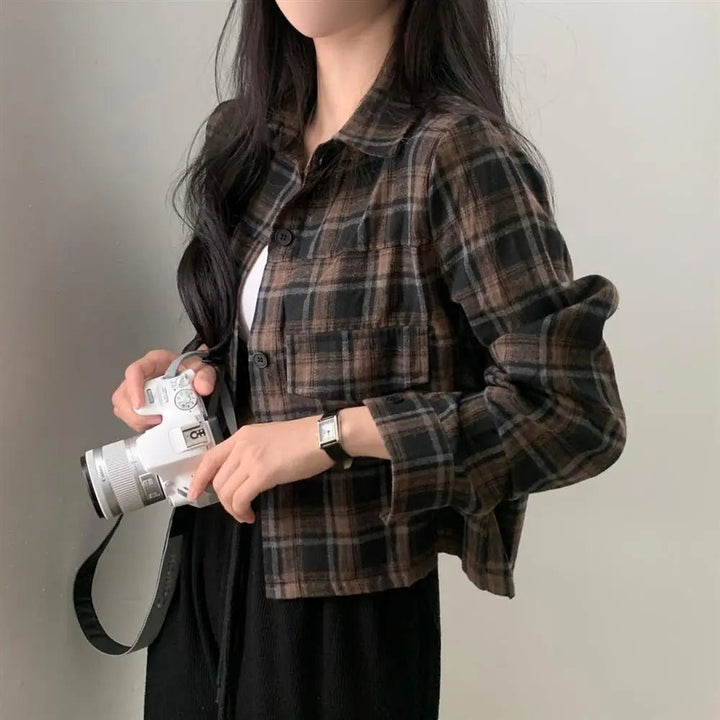 Retro Plaid Shirt – Lapel Long Sleeve Short Top for Women - VeauBeauty