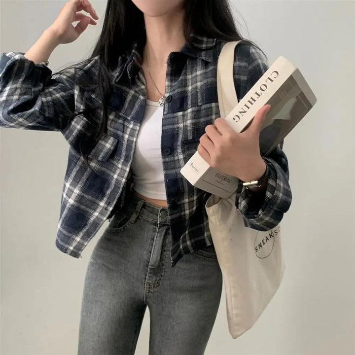Retro Plaid Shirt – Lapel Long Sleeve Short Top for Women - VeauBeauty
