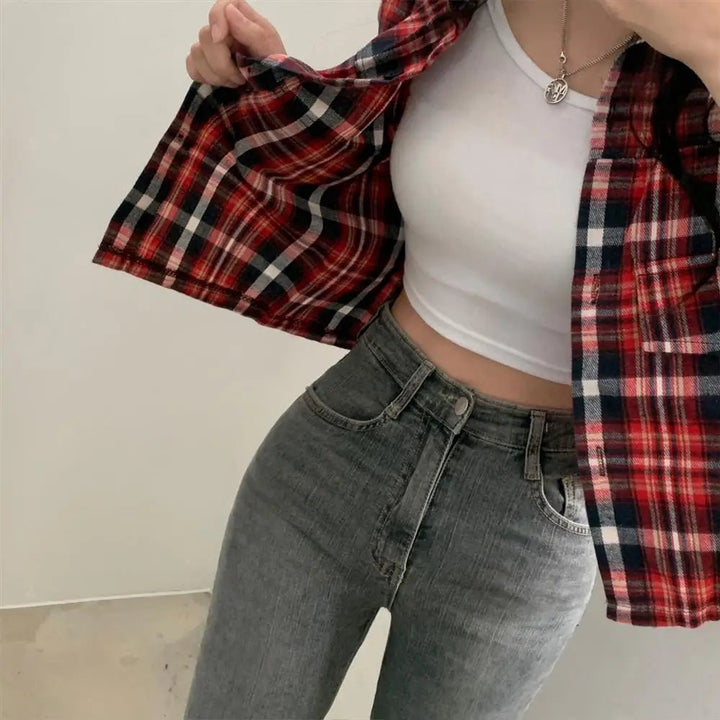 Retro Plaid Shirt – Lapel Long Sleeve Short Top for Women - VeauBeauty