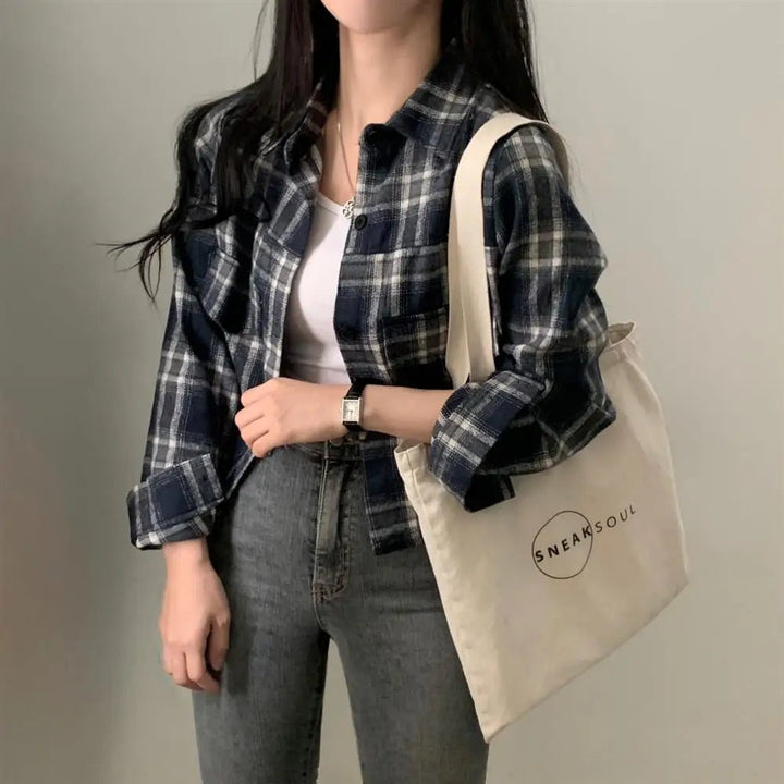Retro Plaid Shirt – Lapel Long Sleeve Short Top for Women - VeauBeauty