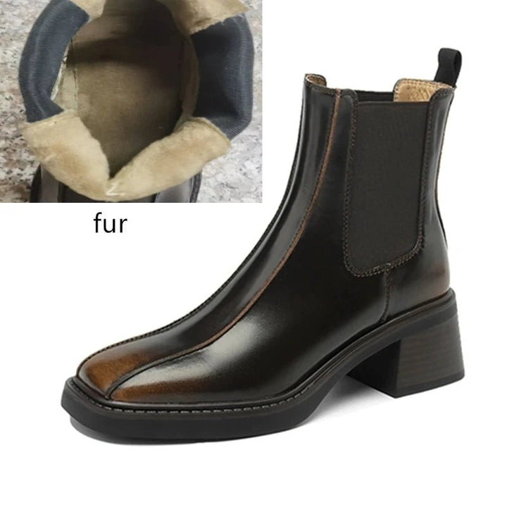 Retro Square Toe Chelsea Boots – Genuine Leather Winter Ankle Boots - VeauBeauty