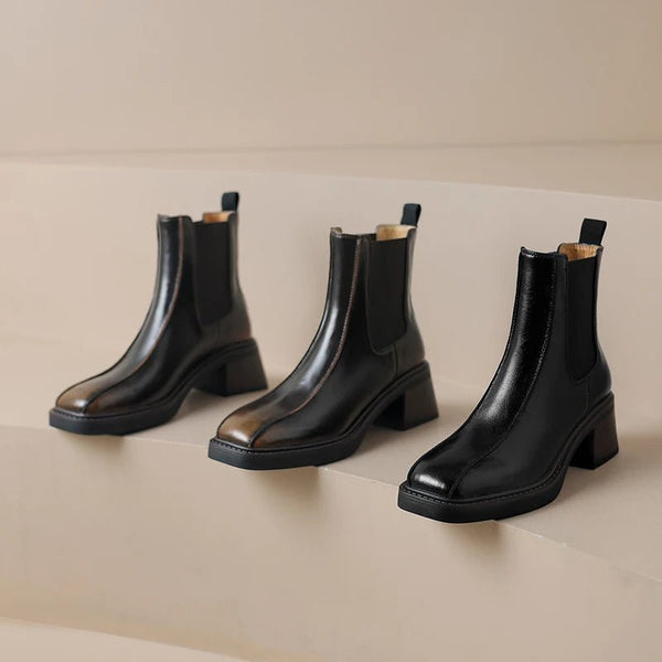 Retro Square Toe Chelsea Boots – Genuine Leather Winter Ankle Boots - VeauBeauty