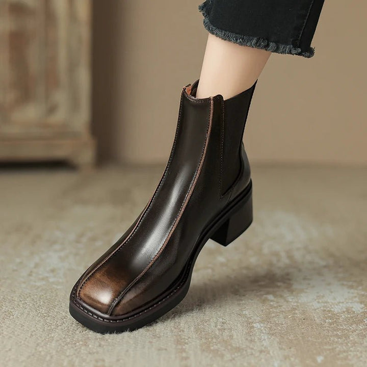 Retro Square Toe Chelsea Boots – Genuine Leather Winter Ankle Boots - VeauBeauty