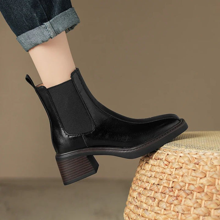 Retro Square Toe Chelsea Boots – Genuine Leather Winter Ankle Boots - VeauBeauty