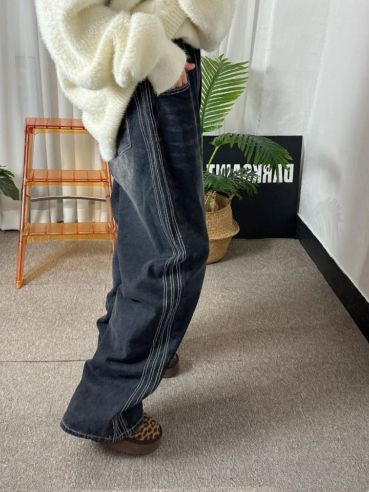 Retro Stripe Wide - Leg Jeans – Adjustable Waist High - Waist Denim for Women - VeauBeauty