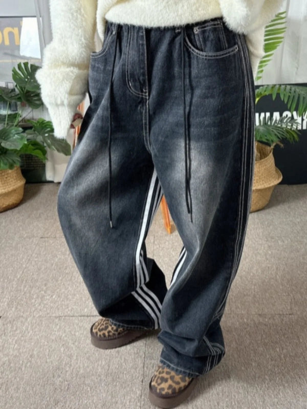 Retro Stripe Wide - Leg Jeans – Adjustable Waist High - Waist Denim for Women - VeauBeauty