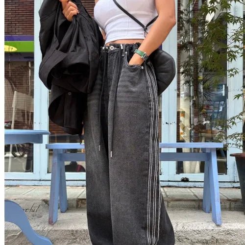 Retro Stripe Wide - Leg Jeans – Adjustable Waist High - Waist Denim for Women - VeauBeauty