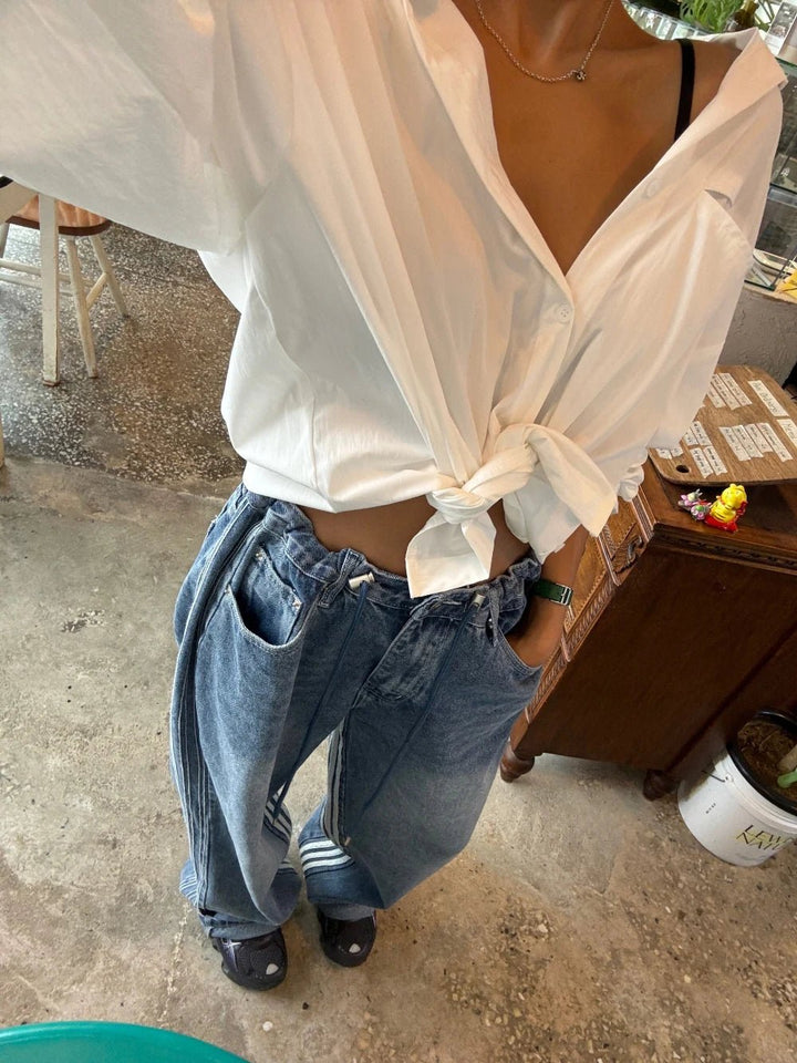 Retro Stripe Wide - Leg Jeans – Adjustable Waist High - Waist Denim for Women - VeauBeauty