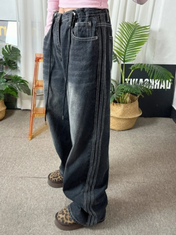 Retro Stripe Wide - Leg Jeans – Adjustable Waist High - Waist Denim for Women - VeauBeauty