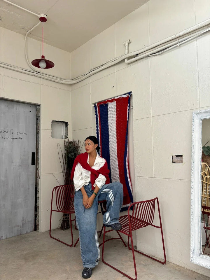 Retro Stripe Wide - Leg Jeans – Adjustable Waist High - Waist Denim for Women - VeauBeauty