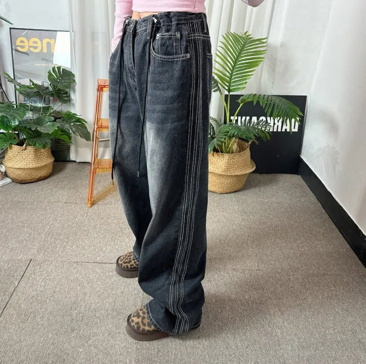 Retro Stripe Wide - Leg Jeans – Adjustable Waist High - Waist Denim for Women - VeauBeauty