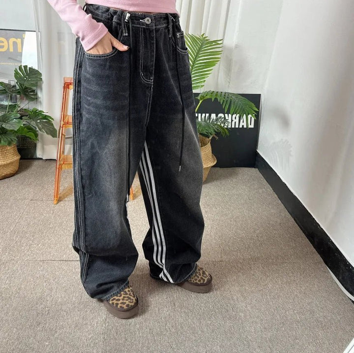 Retro Stripe Wide - Leg Jeans – Adjustable Waist High - Waist Denim for Women - VeauBeauty