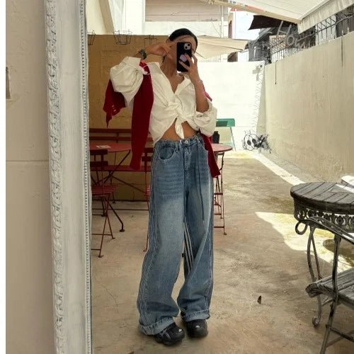 Retro Stripe Wide - Leg Jeans – Adjustable Waist High - Waist Denim for Women - VeauBeauty