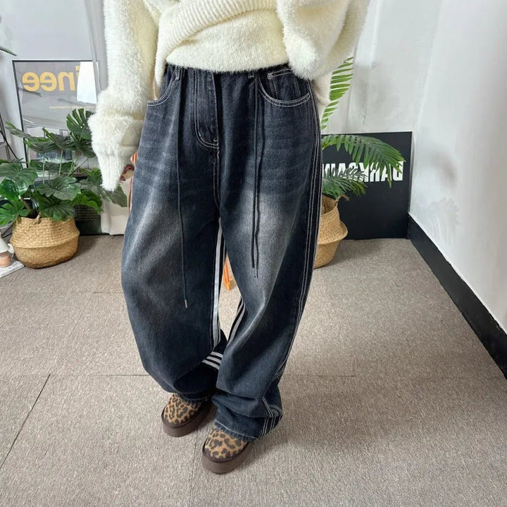 Retro Stripe Wide - Leg Jeans – Adjustable Waist High - Waist Denim for Women - VeauBeauty
