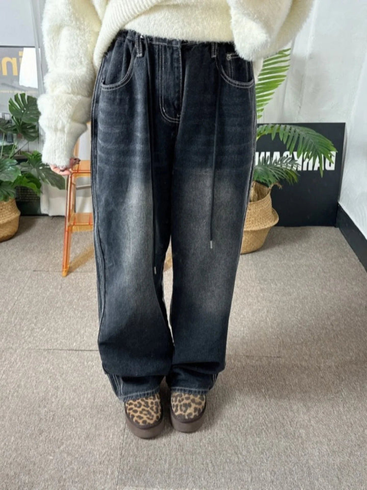Retro Stripe Wide - Leg Jeans – Adjustable Waist High - Waist Denim for Women - VeauBeauty