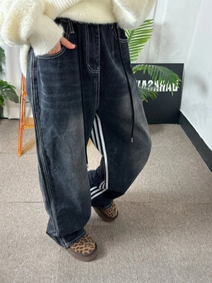 Retro Stripe Wide - Leg Jeans – Adjustable Waist High - Waist Denim for Women - VeauBeauty