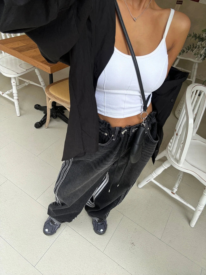 Retro Stripe Wide - Leg Jeans – Adjustable Waist High - Waist Denim for Women - VeauBeauty