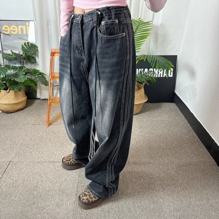 Retro Stripe Wide - Leg Jeans – Adjustable Waist High - Waist Denim for Women - VeauBeauty