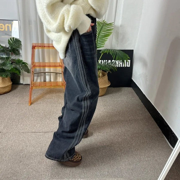 Retro Stripe Wide - Leg Jeans – Adjustable Waist High - Waist Denim for Women - VeauBeauty