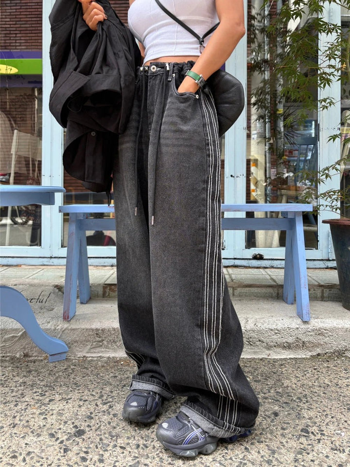 Retro Stripe Wide - Leg Jeans – Adjustable Waist High - Waist Denim for Women - VeauBeauty