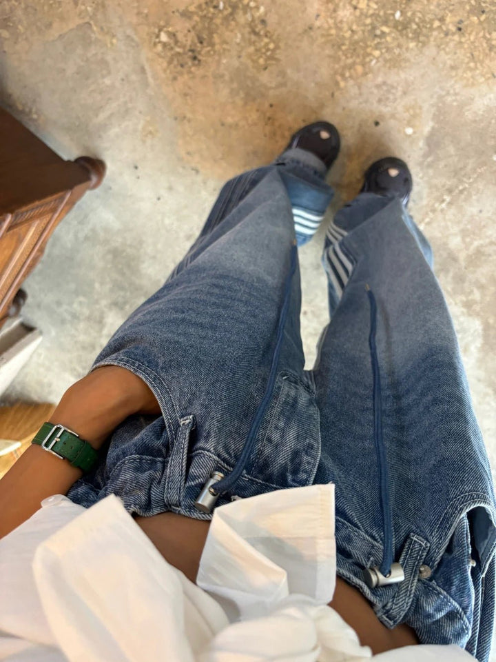 Retro Stripe Wide - Leg Jeans – Adjustable Waist High - Waist Denim for Women - VeauBeauty