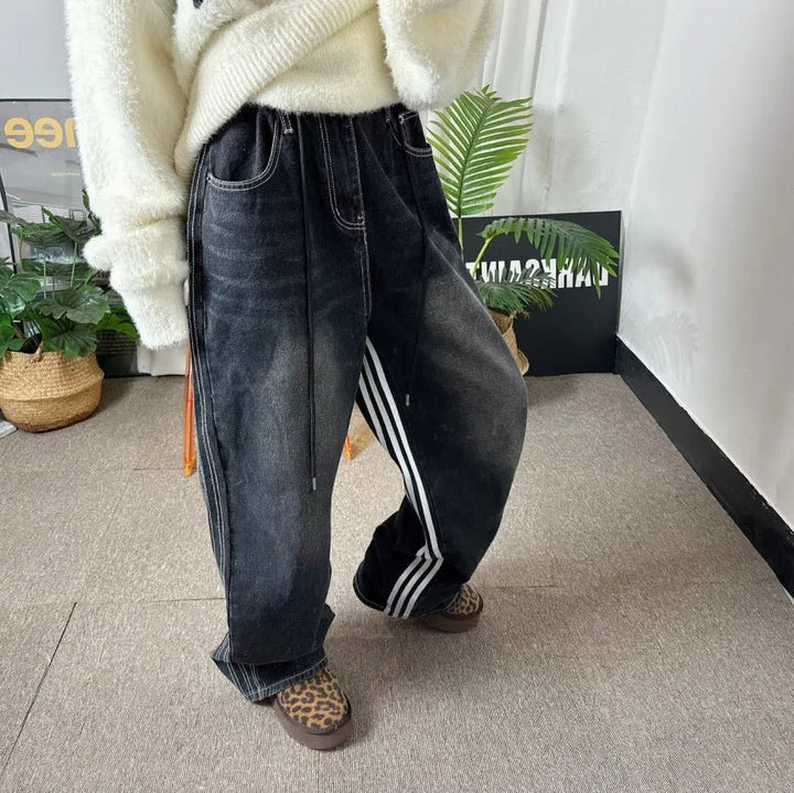 Retro Stripe Wide - Leg Jeans – Adjustable Waist High - Waist Denim for Women - VeauBeauty