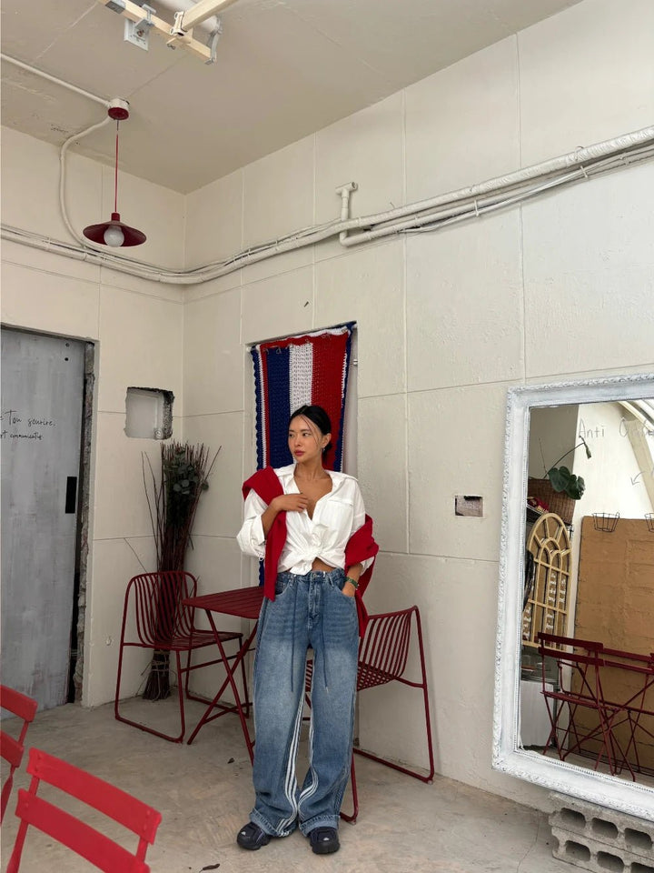 Retro Stripe Wide - Leg Jeans – Adjustable Waist High - Waist Denim for Women - VeauBeauty