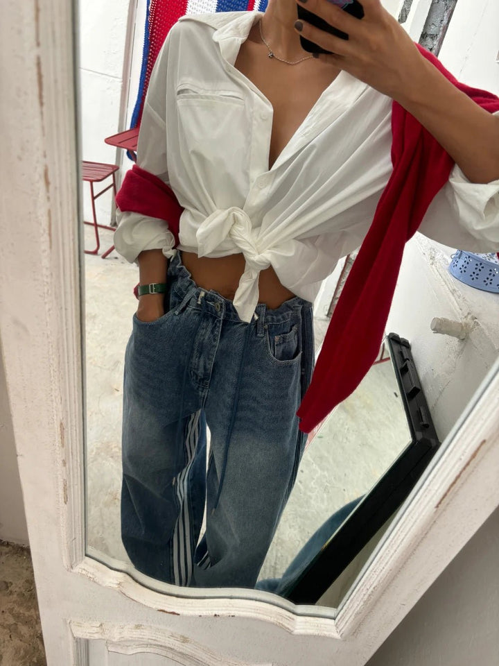 Retro Stripe Wide - Leg Jeans – Adjustable Waist High - Waist Denim for Women - VeauBeauty