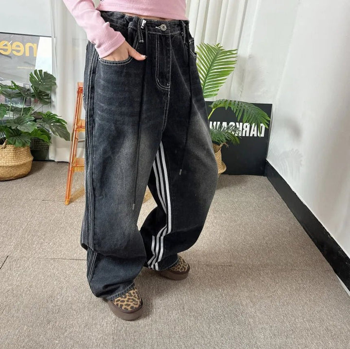 Retro Stripe Wide - Leg Jeans – Adjustable Waist High - Waist Denim for Women - VeauBeauty