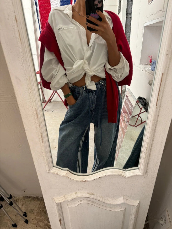 Retro Stripe Wide - Leg Jeans – Adjustable Waist High - Waist Denim for Women - VeauBeauty