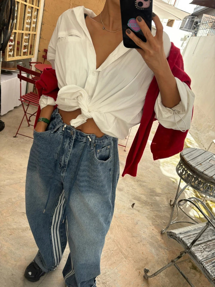 Retro Stripe Wide - Leg Jeans – Adjustable Waist High - Waist Denim for Women - VeauBeauty