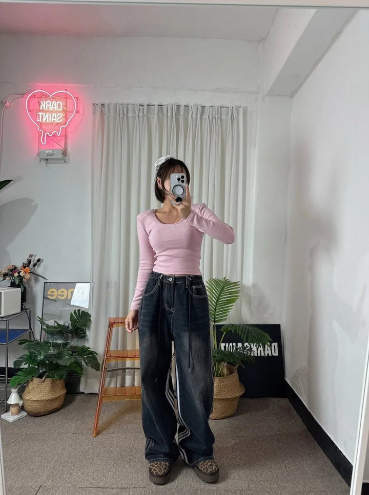 Retro Stripe Wide - Leg Jeans – Adjustable Waist High - Waist Denim for Women - VeauBeauty