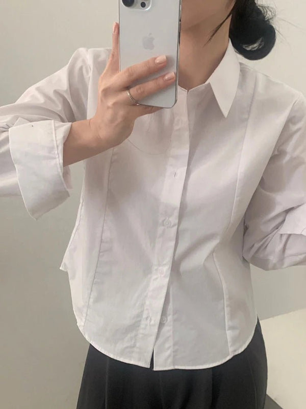 Retro White Shirt – Chic Long Sleeve Turn - Down Collar Top for Women - VeauBeauty