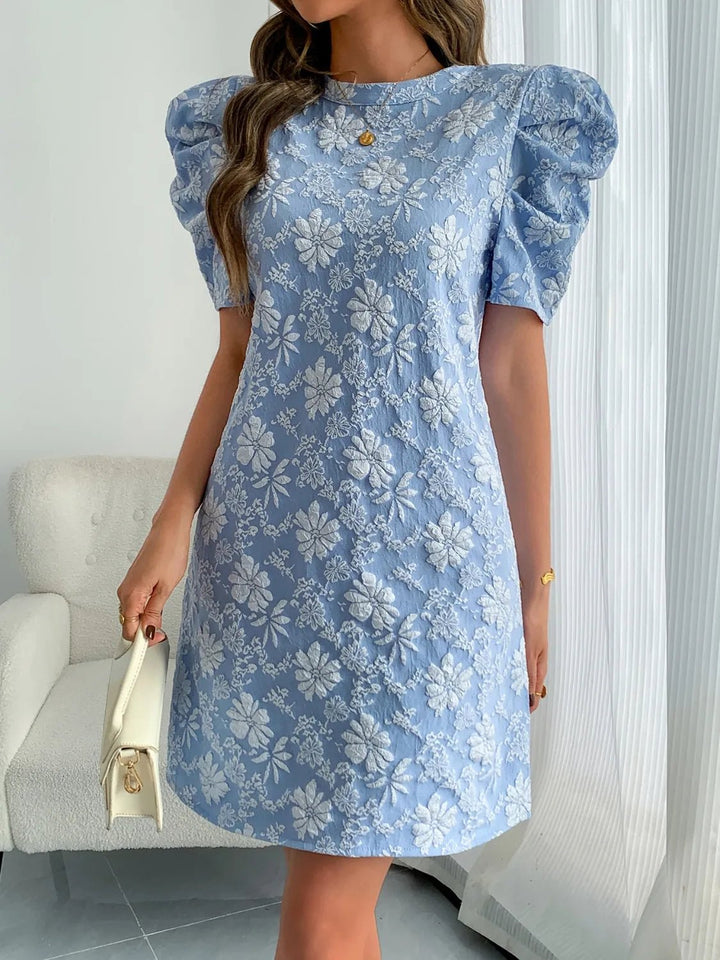 Round Neck Puff Short Sleeve Mini Dress - VeauBeauty