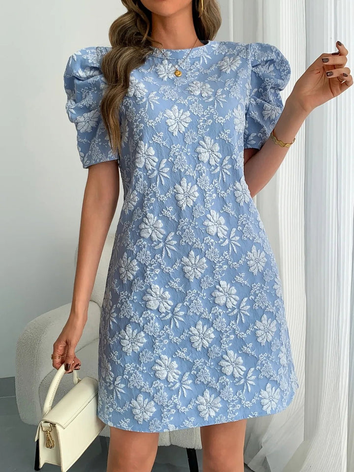 Round Neck Puff Short Sleeve Mini Dress - VeauBeauty