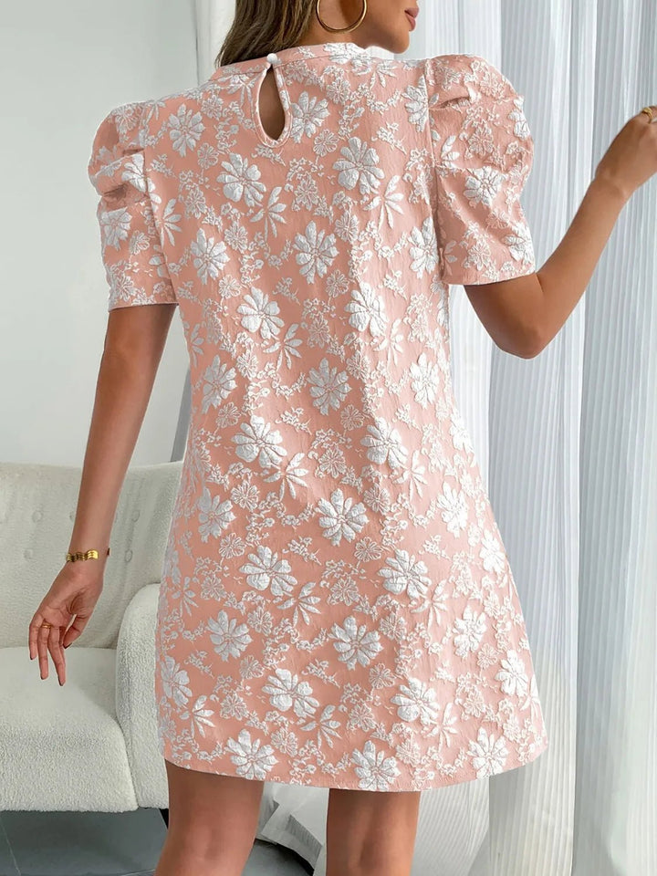 Round Neck Puff Short Sleeve Mini Dress - VeauBeauty